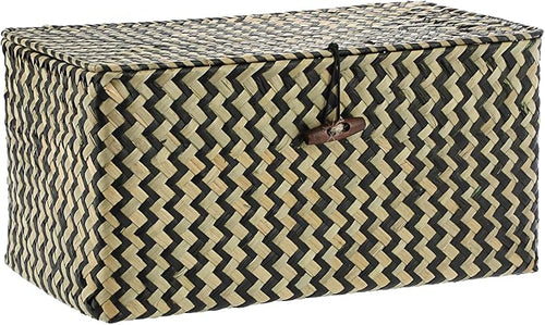 Seagrass Storage Basket Bins with Lid, Handwoven Wicker Shelf Baskets Bin Rectangular Household Basket Organizer Boxes for Shelf Closet Bedroom Home Decor, Whitewash Medium