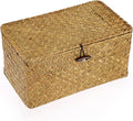 Seagrass Storage Basket Bins with Lid, Handwoven Wicker Shelf Baskets Bin Rectangular Household Basket Organizer Boxes for Shelf Closet Bedroom Home Decor, Whitewash Medium