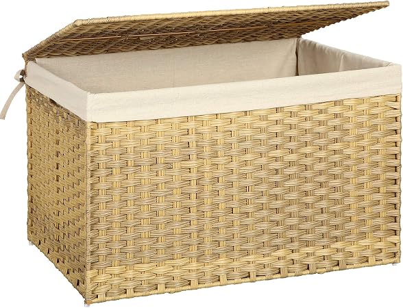 Storage Basket with Lid, Woven Blanket Storage Bin with Handles, Foldable, Removable Liner, Metal Frame, for Bedroom, Laundry Room, 42.3 Gallons (160 L), Brown URST76BR